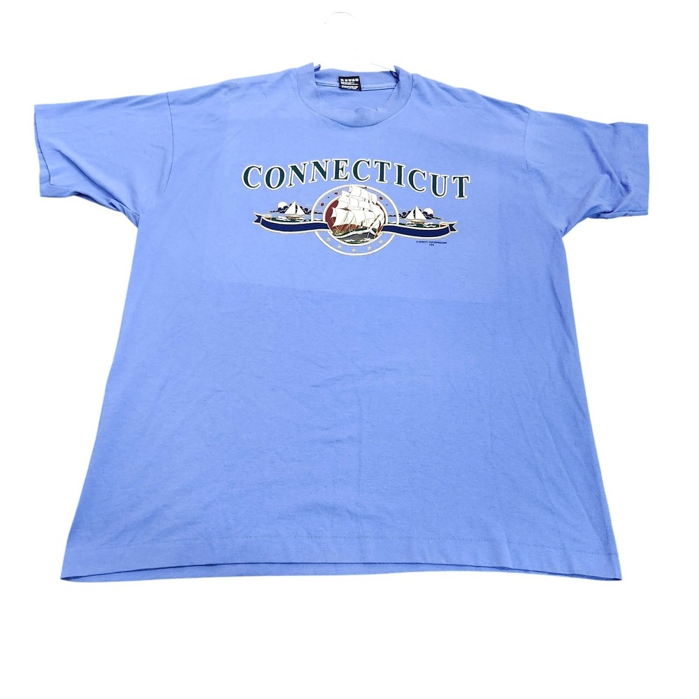 Vintage 1991 Connecticut Sailing Ship T Shirt XL Blue Single Stitch Made in USA
